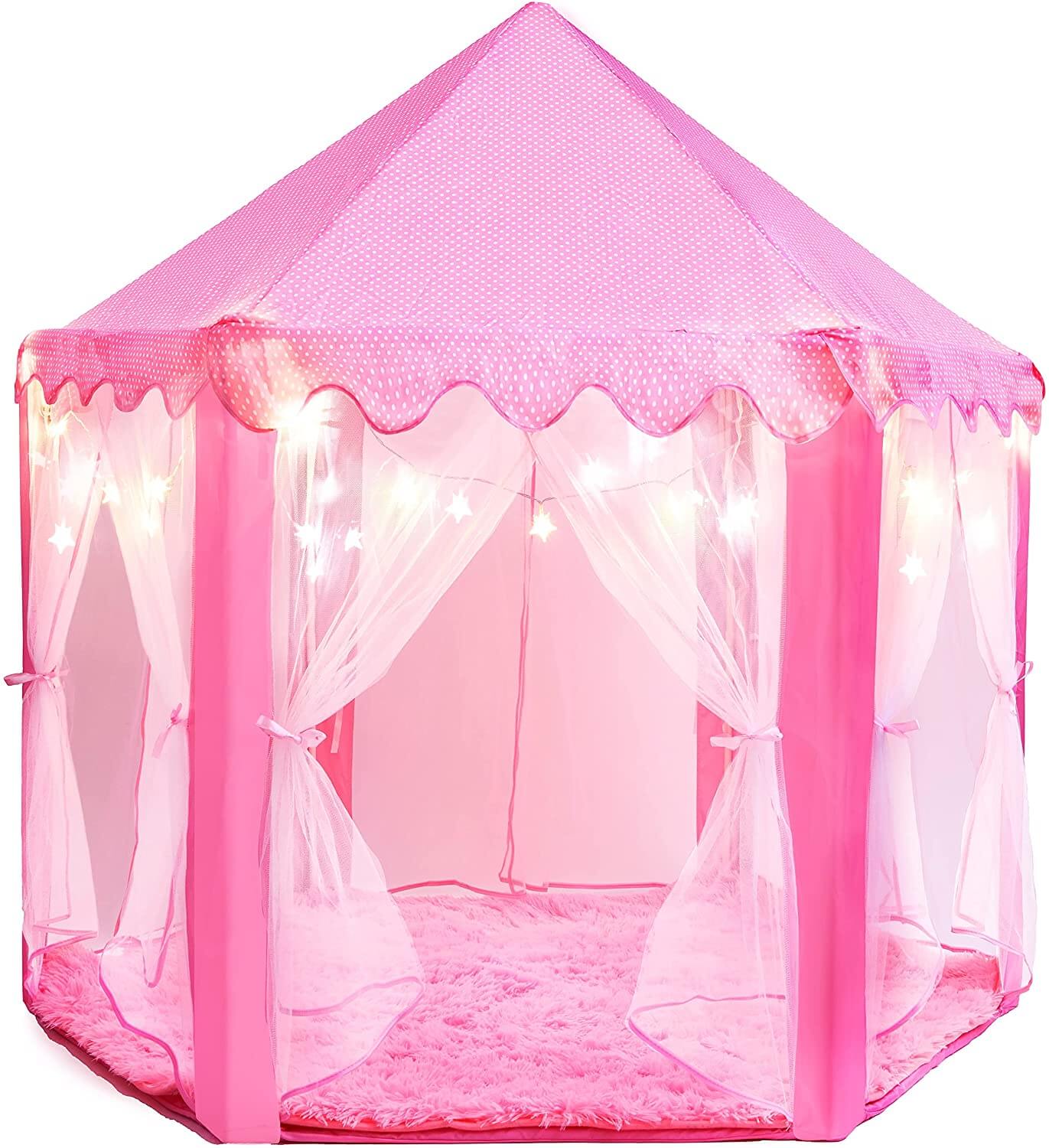 Pink Princess Castle Play Tent with Led Star Lights - LINWEY - Best Pink Princess Castle Play Tent with Led Star Lights