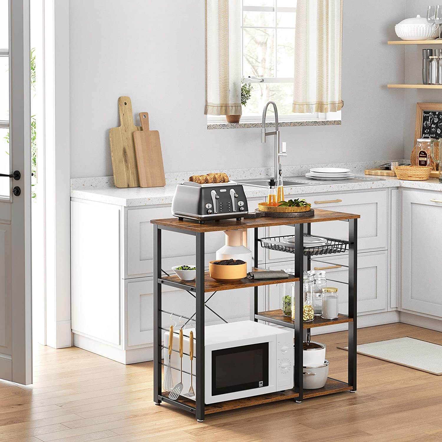 Kitchen island + coffee station.